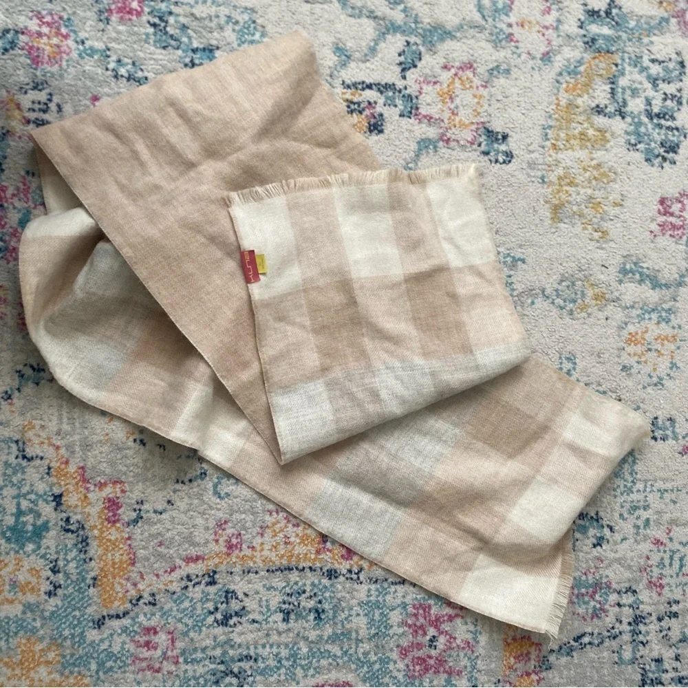 Kuna Luxury Scarf Shawl Baby Alpaca Beige Grey Checkered Fringe Wool OS